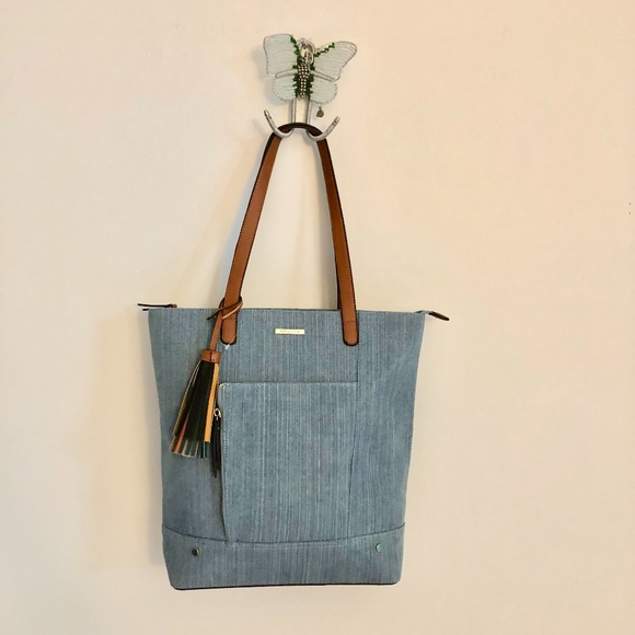Denim and vegan leather tote handbag - Picture 1 of 4